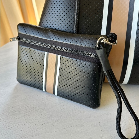 MARKED DOWN! HAUTE SHORE, LARGE NEOPRENE TOTE IN BLACK WITH GOLD STRIPE. - Picture 3 of 16